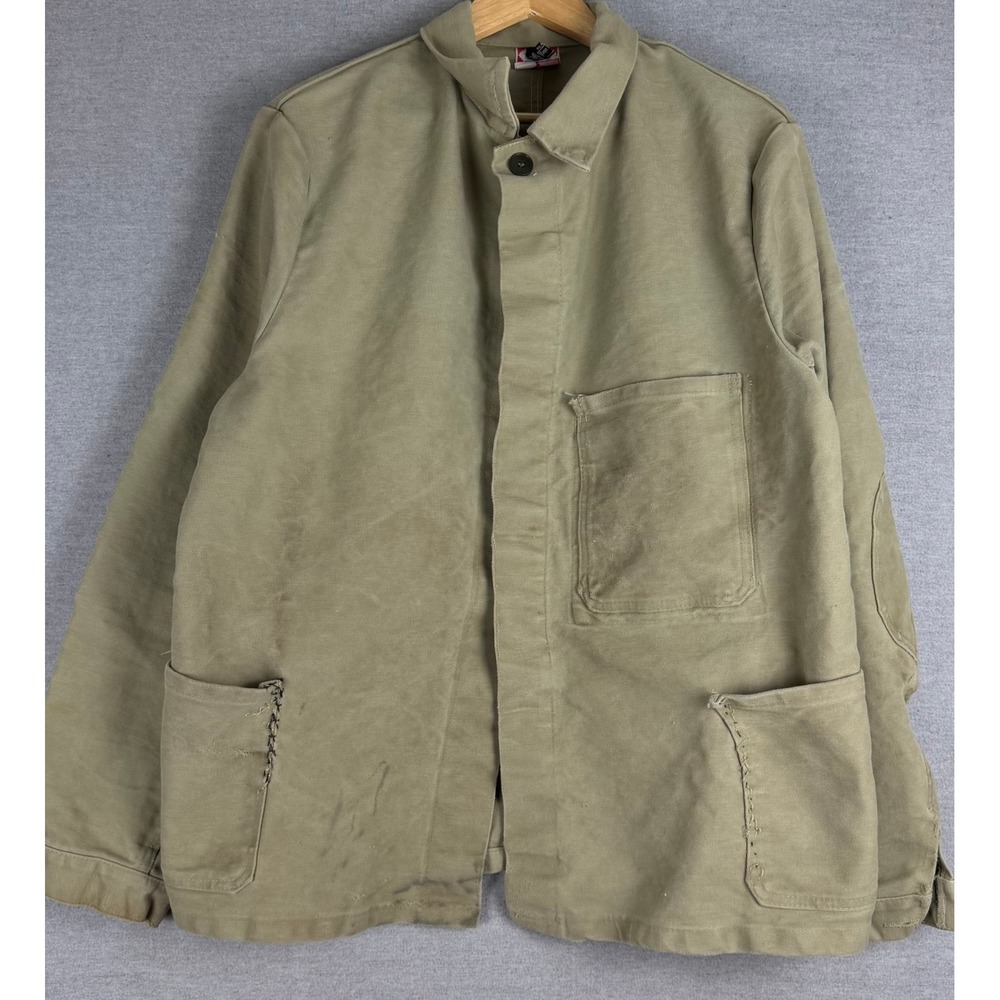 Vintage French Chore Jacket Olive Khaki Cotton Twill Workwear XL